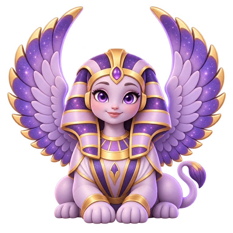 The Sketch Oracle, a friendly lavender sphinx with golden wings and a starry headdress